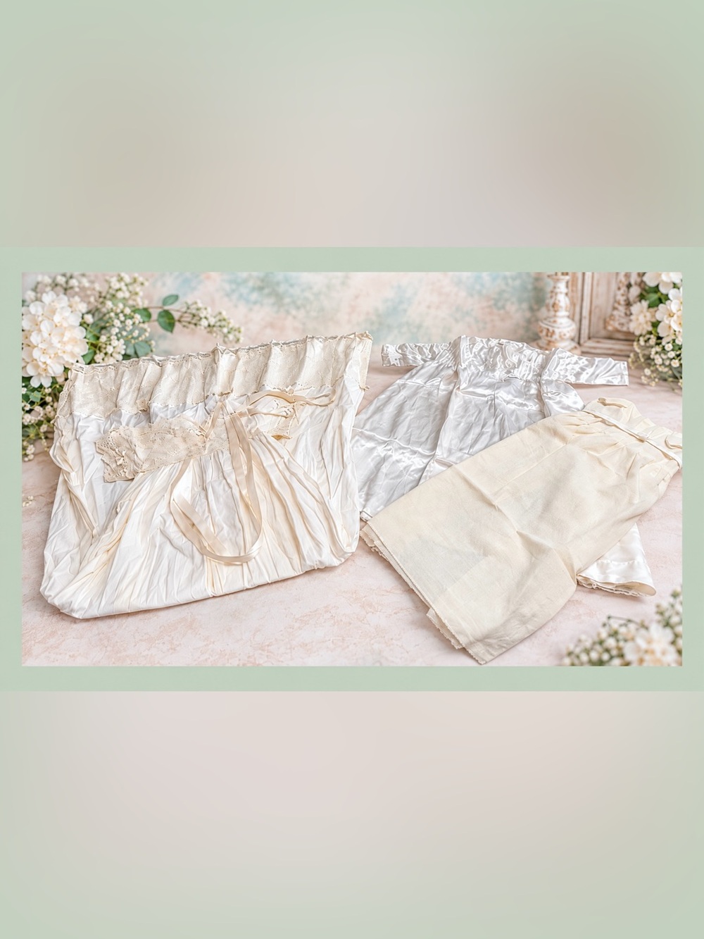 Antique Vtg Baby Christening Gown/Dress Bundle 
Ivory Lace Satin Heirloom